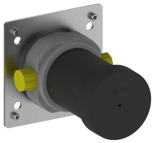 Funktionseinheit von Keuco mit einem grauen Gehäuse, gelben Drehknopf und Anschlussmöglichkeiten, montiert auf einer metallischen Platte mit Befestigungslöchern.